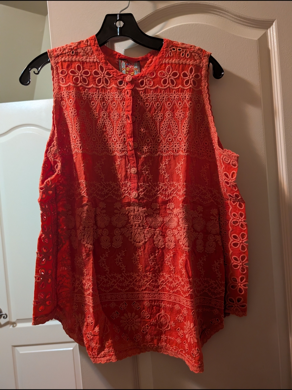 Johnny Was Coral Orange Embroidered Sleeveless Tunic
